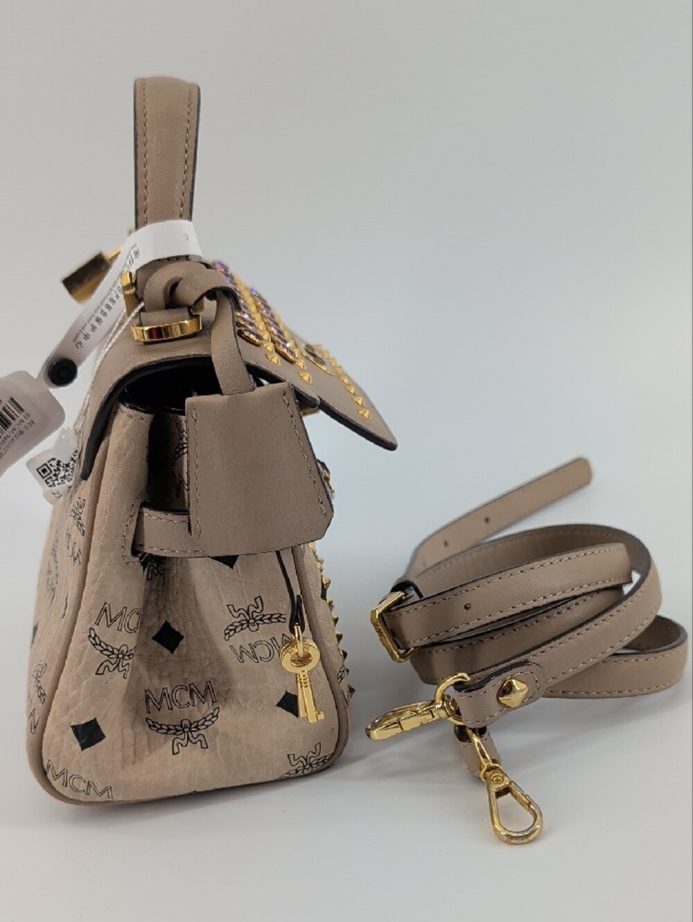 MCM Beige Visetos Top Handle Bag with Gold Hardware and Pink Crystal Studs - Picture 4 of 10